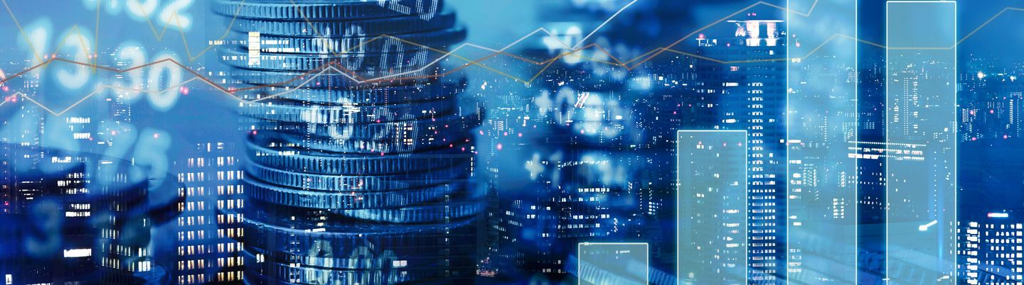 Double exposure of graph, stock display and rows of coins for finance and banking concept