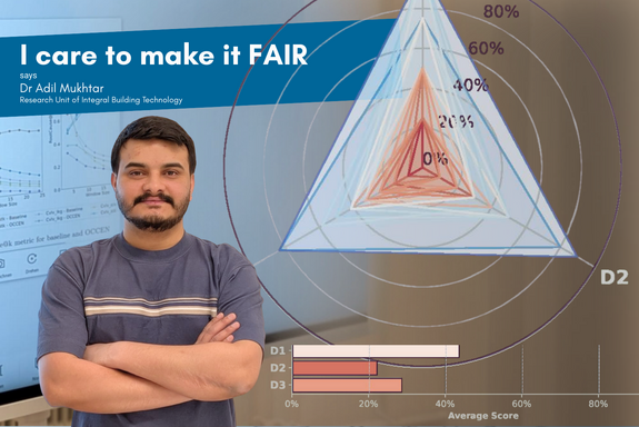 The photograph shows a man standing with his arms crossed in front of a large monitor displaying graphs. Above the person is some text, and to the right is a diagram with legend.