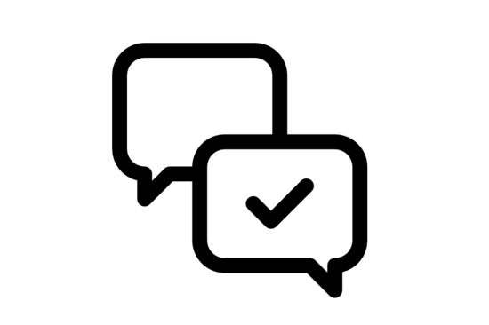 The image shows an icon consisting of two square speech bubbles. One speech bubble comes from the left and one from the right, suggesting an exchange. The left speech bubble is empty, while the right one shows a large check mark.