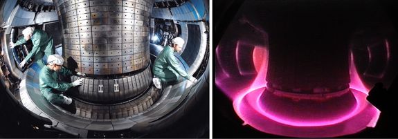 Ein Foto vom Innenraum eines Fusionsreaktors, danaben ein Foto desselben Raums, diesmal mit glühendem Plasma