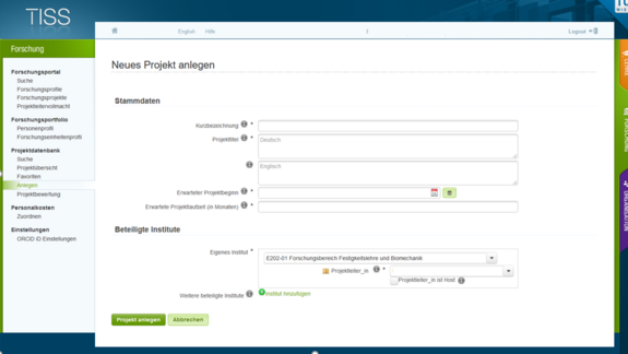 Screenshot TISS neue Projektanlage