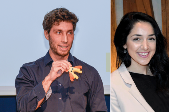 Collage von zwei Porträtfotos der Preisträger_innen in Farbe. Links Walter Kuba mit blauem Hemd, rechts Ayse Koyun mit hellem Blazer und schwarzem Top.