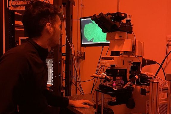 a resercher in front of a microscope with red lighting