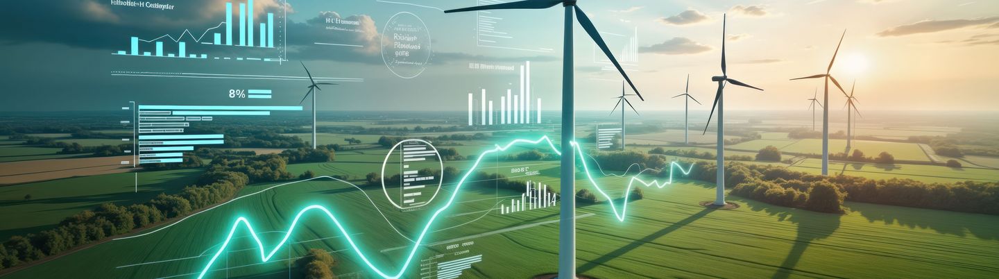 Luftaufnahme von Windkraftanlagen auf grünen Feldern. Überlagerte Datengrafiken zeigen ökologisches Wachstum und Strompreise. Analyse von Energiequellen für Nachhaltigkeit. Trendige erneuerbare Technologien, umweltfreundlich