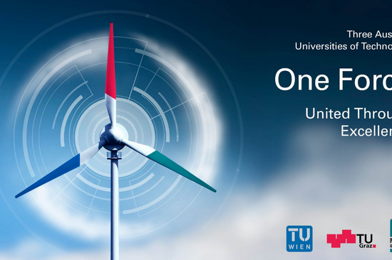 Keyvisual TU Austria - Windrad mit Universitätsfarben und Universitätslogos