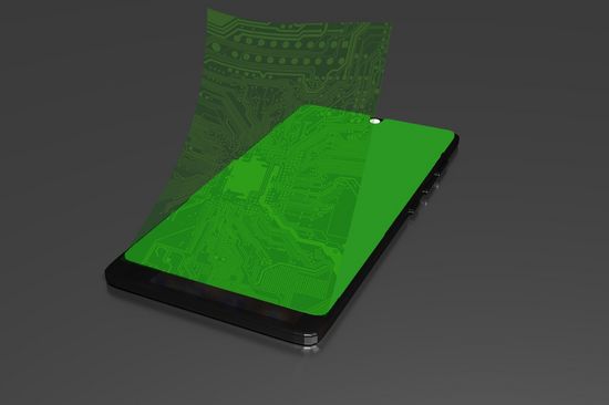 Mobile Phone with  empty green Screen - and link to PDF "Green synthesis of polymers for organic electronics"