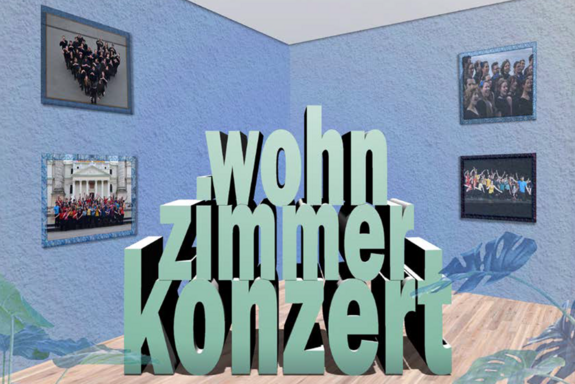 Der Schriftzug "Wohzimmerkonzert" steht in 3D mitten im einem Raum. An der Wand hängen vier Bilder vom TU Wien Chor