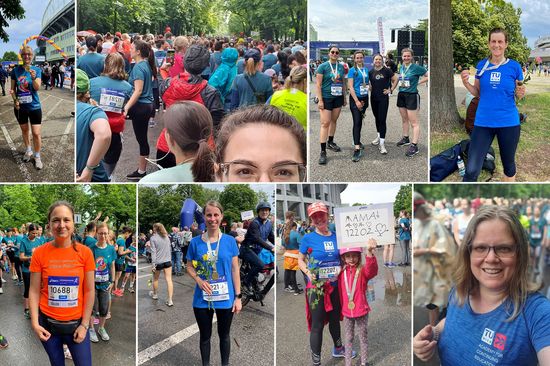 Collage aus 8 Bildern mit Teilnehmerinnen des Frauenlaufs.