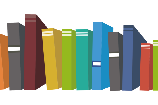 Auf dem Bild sind vierzehn bunte Bücherrücken in verschiedenen Größen zu sehen, die aneinander gelehnt sind. Gemeinsam ergeben sie eine bunte Reihe aus Büchern.