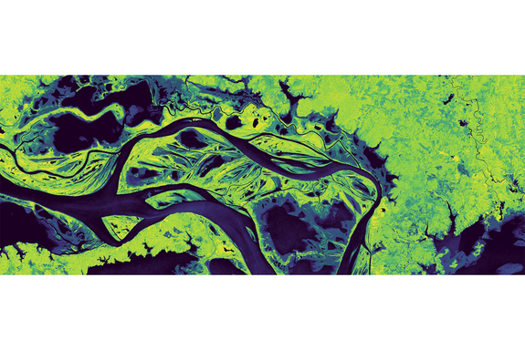 Satellite image zoomed into the area around the confluence of the Amazon and Tapajós streams, in central Pará in Brazil. Different colours reveal streams and branches (dark blue), dense rainforest (green) and settlements (yellow).