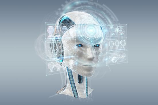 Roboterkopf mit Datenvisualisierungen