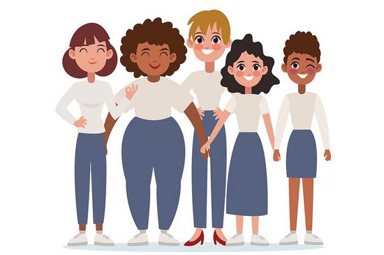 Fünf vermutlich weibliche Personen stehen nebeneinander, lächeln und halten teilweise auch ihre Hände. Mittig stehen zwei Personen, die ein T-Shirt mit der Aufschrift GRL PWR tragen.