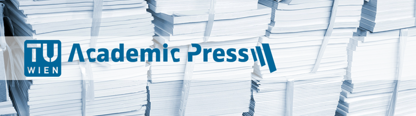 Logo von TU Wien Academic Press vor Stapeln von broschierten Bänden