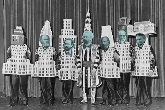 Die Lehrstuhlinhaber für Kunstgeschichte, Polytechnikum/TH/TU Wien (v.l.n.r.): Rudolf Eitelberger von Edelberg, Joseph Neuwirth, Karl von Lützow, Moritz Dreger , Karl Ginhart, Walter Frodl. Collage unter Verwendung des Fotos "Architects dressed as their most famous buildings", 1931, Beaux-Arts Architect Ball, New York City.