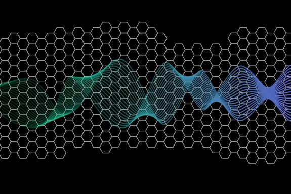 Weißes hexagonales Muster auf schwarzem Hintergrund, darüber geschwungene Linien