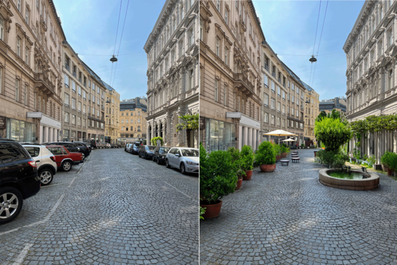Schleifmühlgasse vorher/nachher: vorher mit parkenden Autos links und rechts, nachher mit Pflanzentrögen und Töpfen und einer kleinen ovalen Wasserfläche anstatt der Autos.
