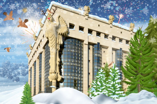 Winterliche Collage des Bibliotheksgebäudes mit verschneiten Tannenbäumen 