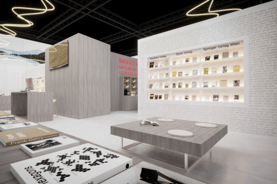 Messestand in grau gehalten mit dunkelgrauen Tisch. Im Vordergrund werden Architekturbücher präsentiert. Oben schwarz mit Linien. Hinten ebenfalls graue, massive, Wände mit Büchern.