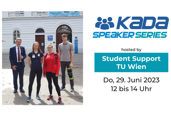 Vizerektor Kurt Matyas mit Vertreter_innen vom verein KADA, 4 Personen stehend vor dem TU Wien Hauptgebäude am Karlsplatz