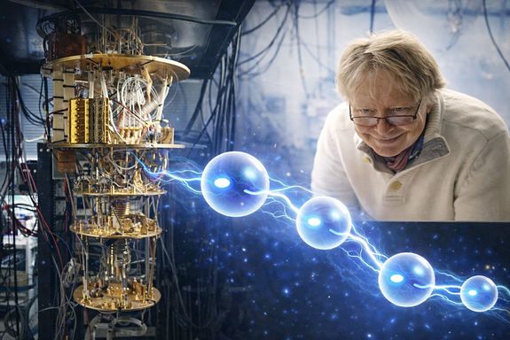 Jörg Schmiedmayer im Labor, dazu computergenerierte Quantenteilchen