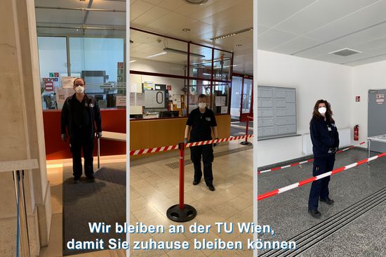 3 Szenerien nebeneinander: eine Sicherheitsperson in Security-Uniform und Mund-Nasen-Schutz in je einem Bereich der TU Wien, zB die Security-Loge.  