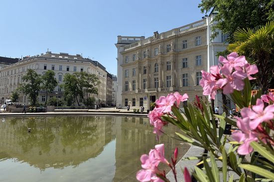 Außenaufnahme: Wasser links, rechts Oleander rosa, Gebäude im Hintergrund