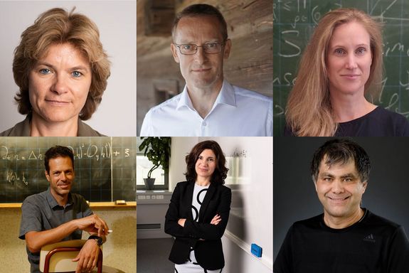 Collage: Sechs Forschungsbereichsleiter_innen des Instituts für Stochastik und Wirtschaftsmathematik: Alexia Fürnkranz-Prskawetz, Peter Filzmoser und Institutsvorständin Ulrike Schneider (oben, von links); Fabio Toninelli, Efstathia Bura und Aris Daniilidis (unten, von links)