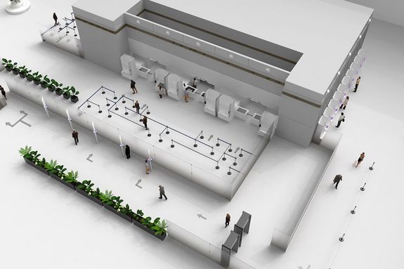 Multiple drop-off stations in parallel, multiple reclaim stations in parallel at the other end, the optimized security check in between