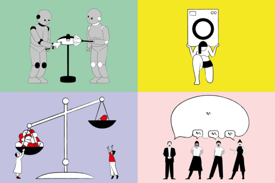 Collage aus vier Grafiken, die Aspekte von Genderforschung zeigt: Roboter, die eine Lampe abstauben, Frau, die eine Waschmaschine am Rücken trägt, eine Waage mit Medikamenten mit je einer Frau und einem Mann an der Waagschale, vier Personen unter einer großen Sprechblase. 
