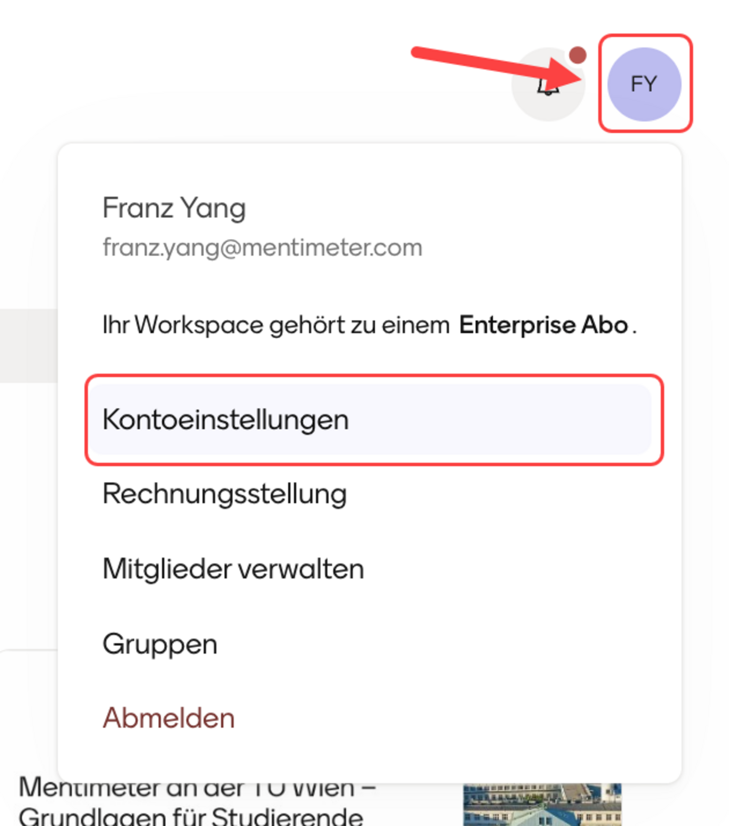 Screenshot der Mentimeter Startseite mit Pfeil auf Feld mit Initialen und “Kontoeinstellungen”.