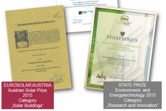 A collage of the various awards won by the Plus-Energy Office High-Rise Building. These include the Austrian State Prize, the Austrian Solar Prize and a certificate from klimaaktiv.