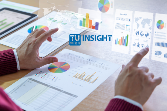 Zwei Hände manipulieren Daten und arbeiten an der Analyse von Balkendiagrammen und Kreisdiagrammen.