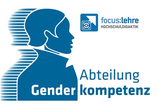 Logo der Abteilung Genderkompetenz und das Logo von focus:lehre. Alle beide im TU Blau.