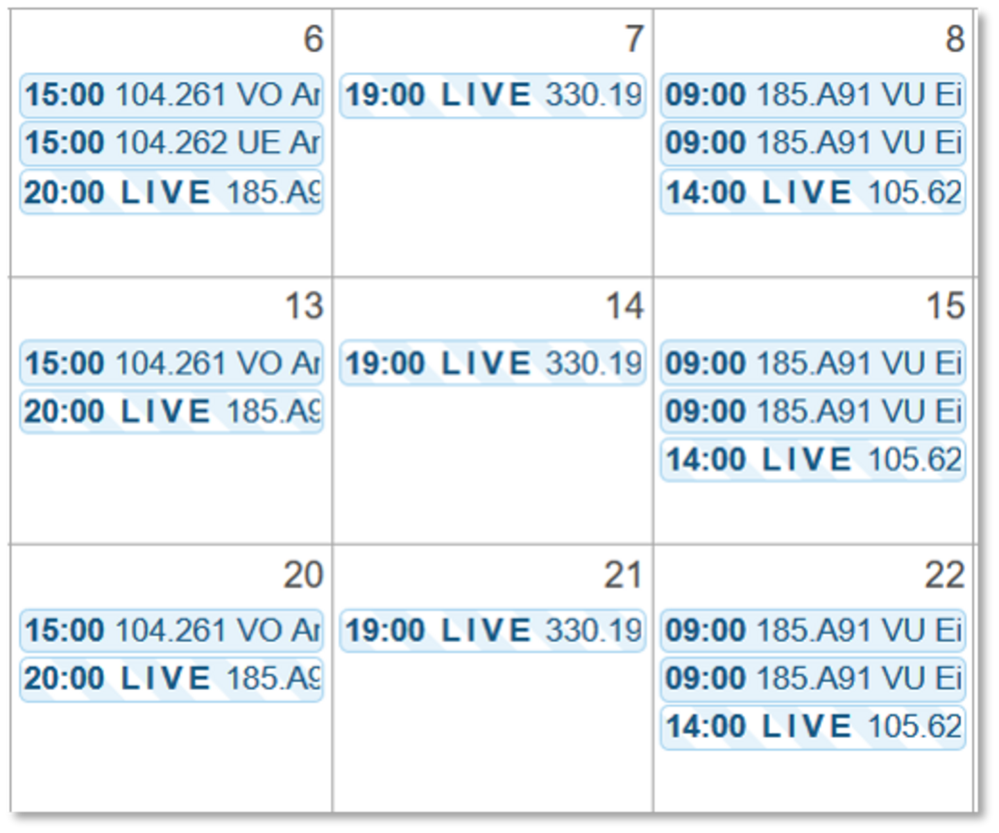 TISS calendar shows "live" transmission from LVA