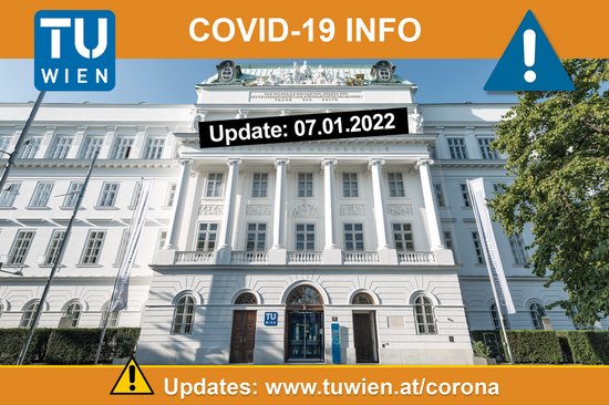 Hauptgebäude TUW mit Hinweis Corona-Update und Datum