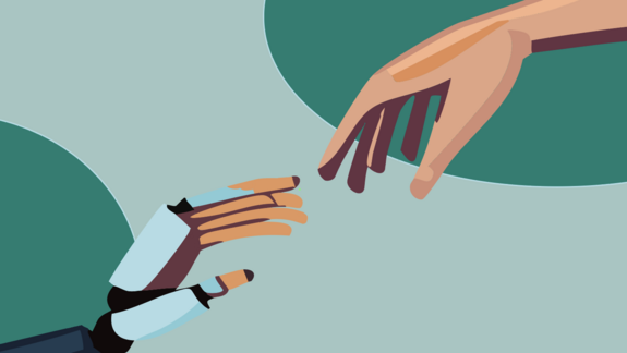 Roboter Hand und echte Hand berühren sich fast