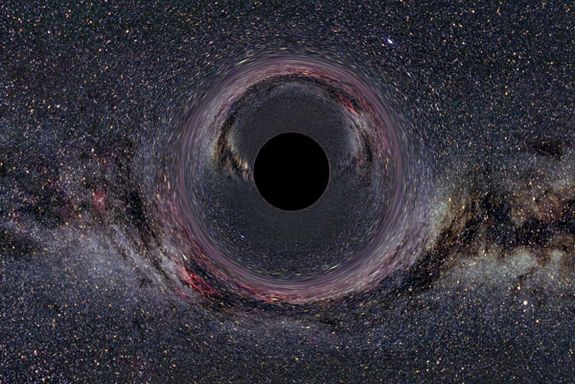 So würde ein nichtrotierendes Schwarzes Loch aus 600 km Entfernung aussehen. Seine Gravitation verbiegt die Lichtstrahlen, sodass die Sterne dahinter verzerrt erscheinen (Credit: Galerie von Tempolimit Lichtgeschwindigkeit) So würde ein nichtrotierendes Schwarzes Loch aus 600 km Entfernung aussehen. Seine Gravitation verbiegt die Lichtstrahlen, sodass die Sterne dahinter verzerrt erscheinen (Credit: Galerie von Tempolimit Lichtgeschwindigkeit)
