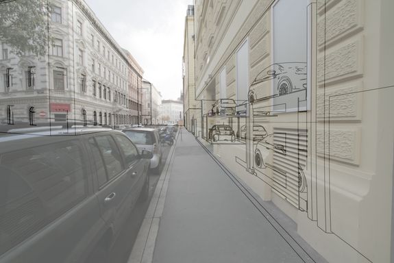 Visualisierung der Auswirkung von EG-Garagen auf PassantInnen; Dreidimensionales Stadtparterre-Modell (Ausschnitt), Abbildung: Jan Looman im Auftrag von Angelika Psenner