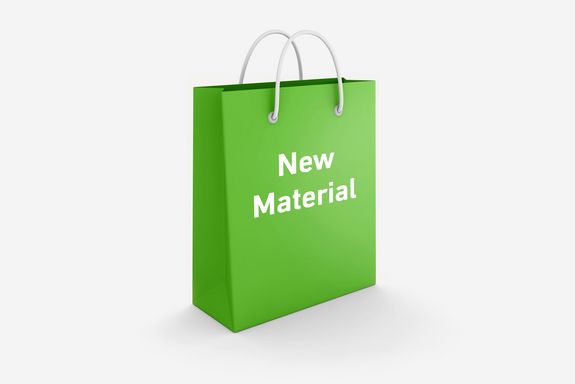 green bag lebeled "New Material"