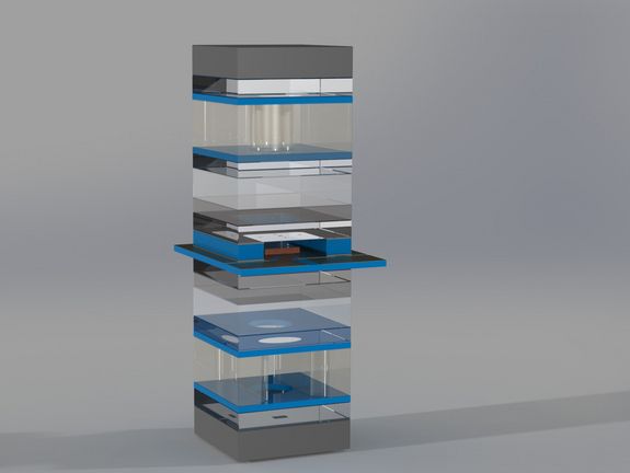 Aufbau des Optischen Mikrofons inklusive Laserdiode (Mitte) und Photodioden (unten und oben). Der miniaturisierte Sensor ist in Glaswafer-Optik Technologie realisiert und hat eine Grundfläche von 4mm mal 4mm.