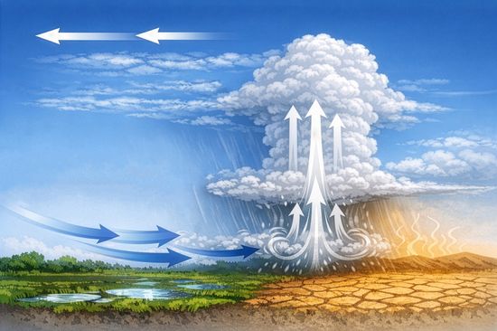Skizze der Gewitterentstehung: in Bodennähe zieht die Luft von feuchten zu trockenen Gebieten, Feuchtigkeit steigt auf, in großer Höhe zieht die Luft in Gegenrichtung.
