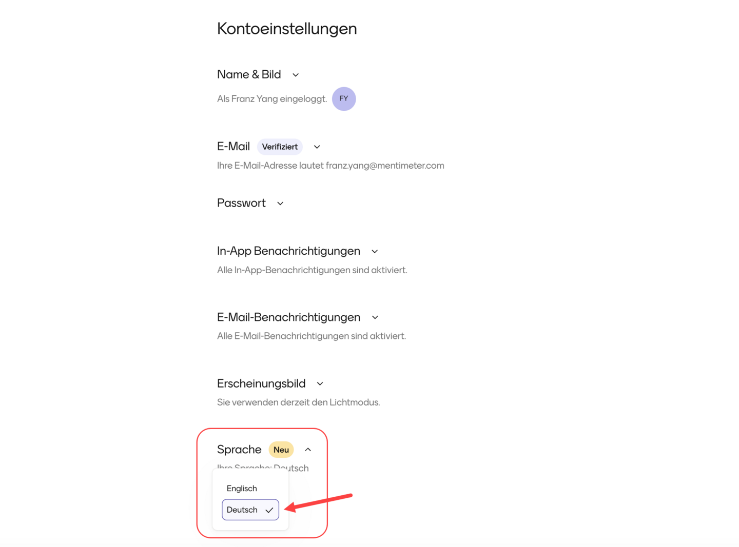 Screenshot der Mentimeter Kontoeinstellungen mit Änderung der Sprache.