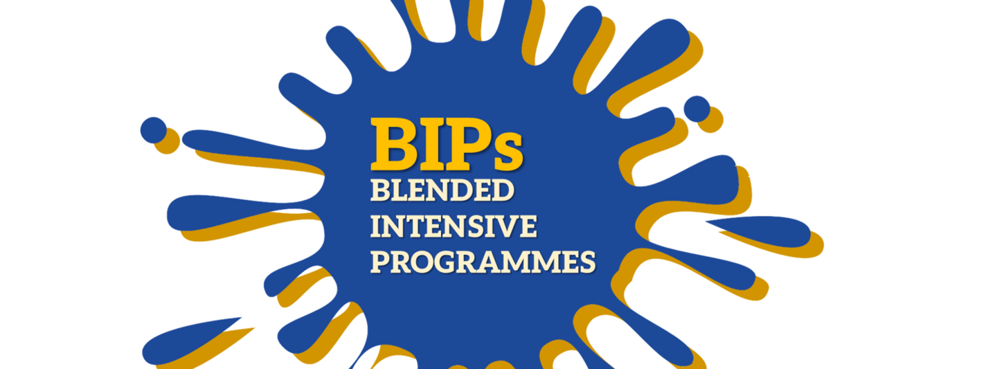Blue splash with yellow shadow and BIPs - Blended Intensive Programmes inside.