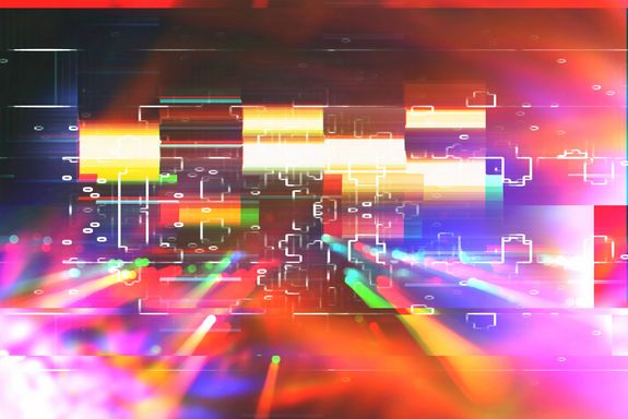 bunte Farbverläufe ganzflächig, im Vordergrund gelbe Rechtecke in unterschiedlicher Größe