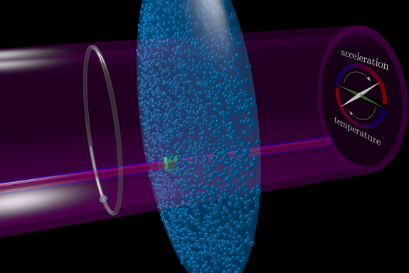 Grafik: Laserstrahl, der auf eine Wolke ultrakalter Atome trifft