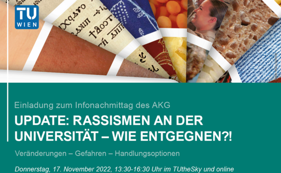 Flyer mit allen Angaben zur Veranstaltung, oben eingerollte bunte Buchseiten, unten weißer Text auf türkisgrünem Hintergrund.