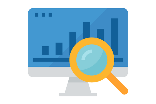 Auf dem Bild ist der Bildschirm eines PCs zu sehen, der ein dunkelblaues Balkendiagramm zeigt. Vor dem Bildschirm ist eine gelbe Lupe abgebildet, die auf das Balkendiagramm gerichtet ist.