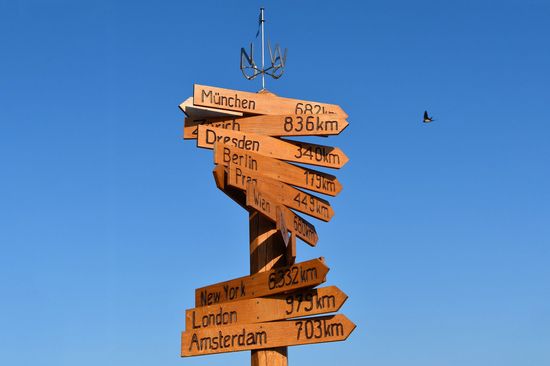 Wegweiser aus Holz mit vielen Richtungspfeilen zu verschiedenen Städten und die Kilometeranzahl dorthin vor blauem Himmel.