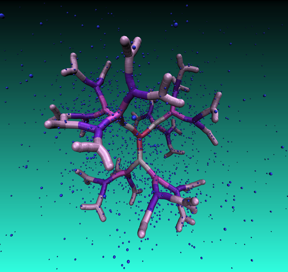 [Translate to English:] DNA-basiertes Dendrimer der fünften Generation, eingetaucht in eine Gegenionenlösung. Regelmäßige Hohlräume im Inneren dieses neuartigen Makromoleküls können als Nanoteilchen-Träger eingesetzt werden.