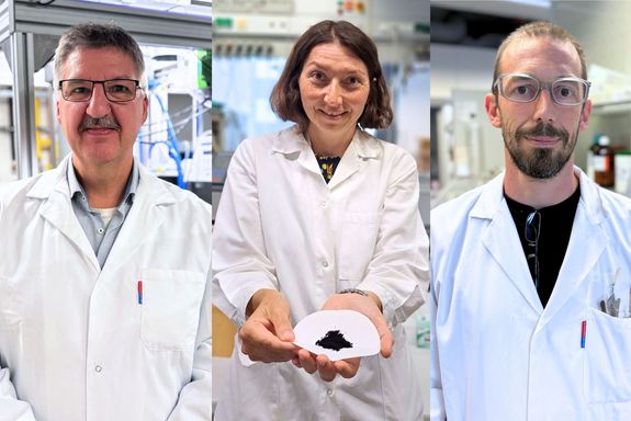 Collage von drei Forscherinnen im Labormantel im Labor im Portraitmodus.